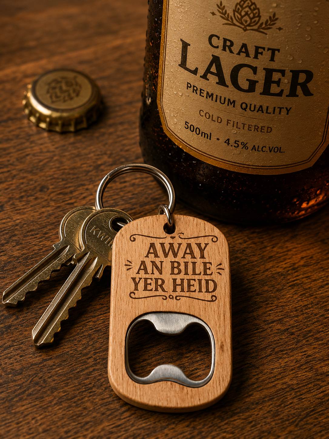 Away An Bile Yer Heid Wooden Bottle Opener Keyring