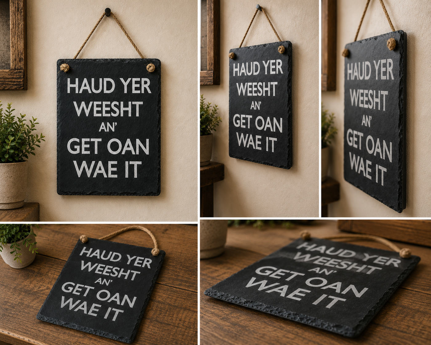 “Haud Yer Weesht An’ Get Oan Wae It” Scottish Slate Sign – Funny Glaswegian Wall Décor