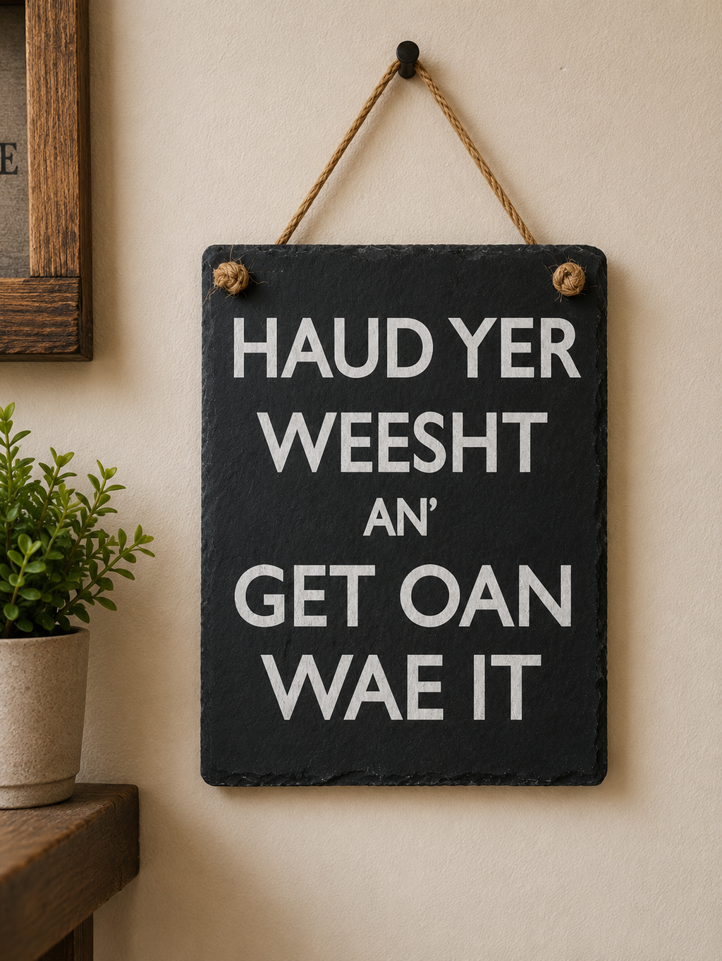 “Haud Yer Weesht An’ Get Oan Wae It” Scottish Slate Sign – Funny Glaswegian Wall Décor