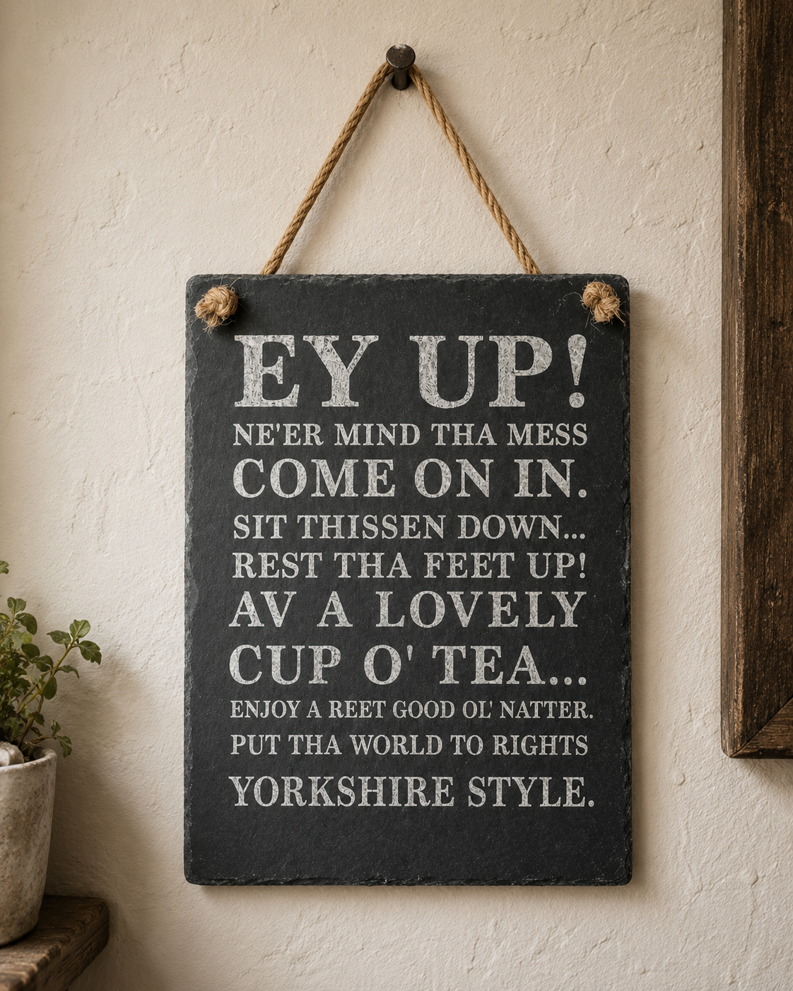 “Ey Up!” Yorkshire Welcome Slate Sign – Rustic Northern Wall Décor