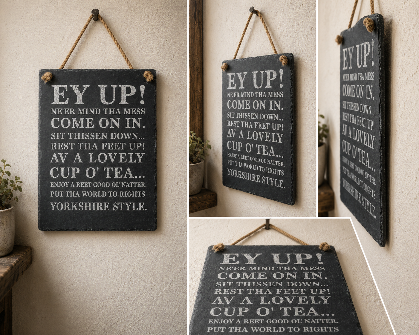 “Ey Up!” Yorkshire Welcome Slate Sign – Rustic Northern Wall Décor