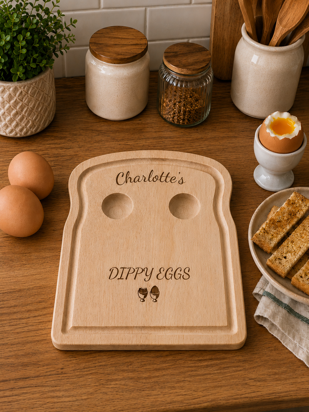 Personalised Dippy Eggs Breakfast Board – Wooden Egg & Soldiers Tray