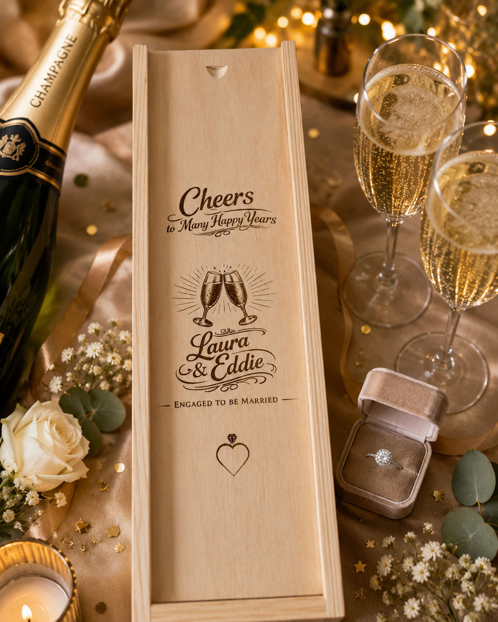 Personalised Engagement Champagne Box – Engraved Wooden Wine Gift Box for Couples
