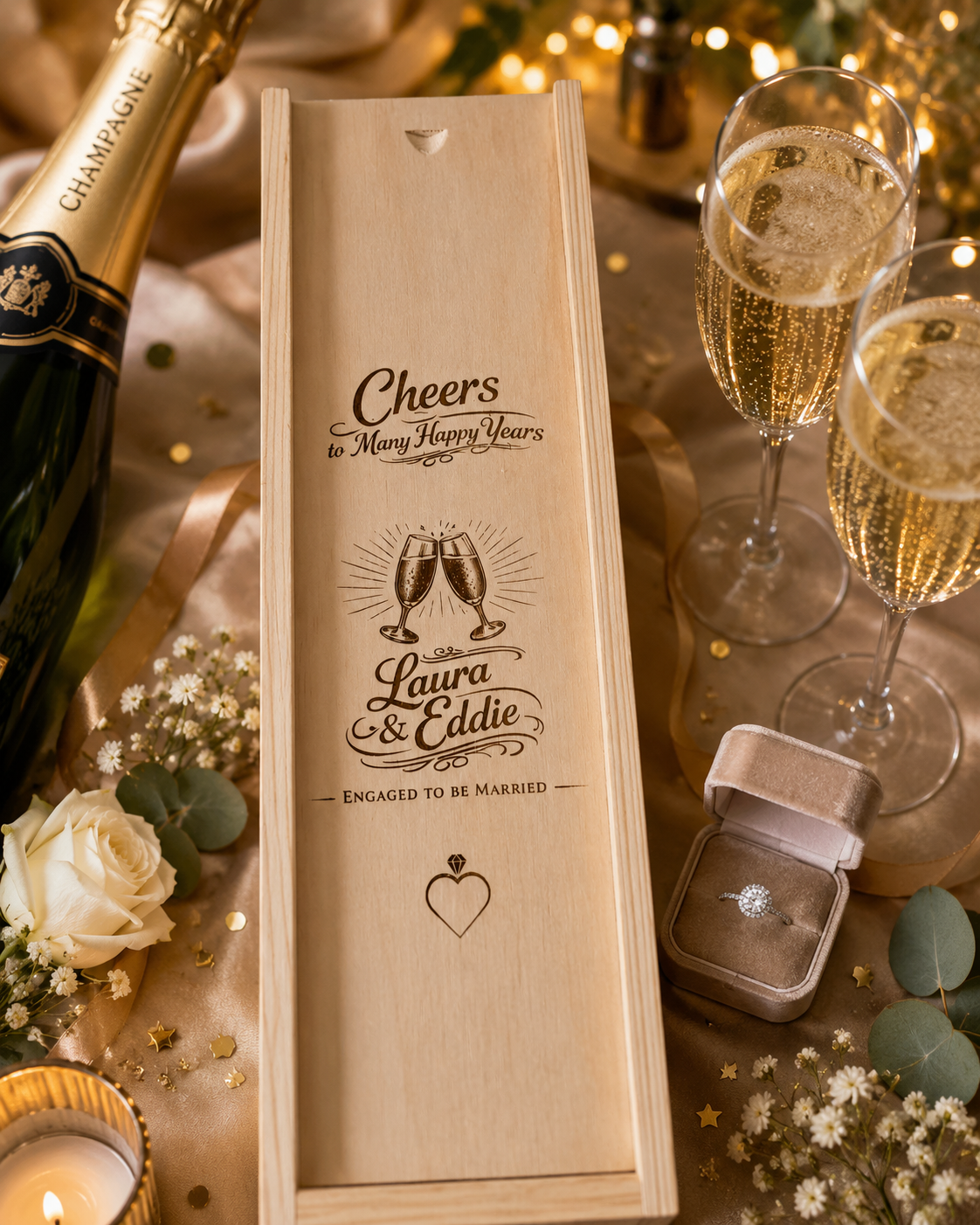 Personalised Engagement Champagne Box – Engraved Wooden Wine Gift Box for Couples