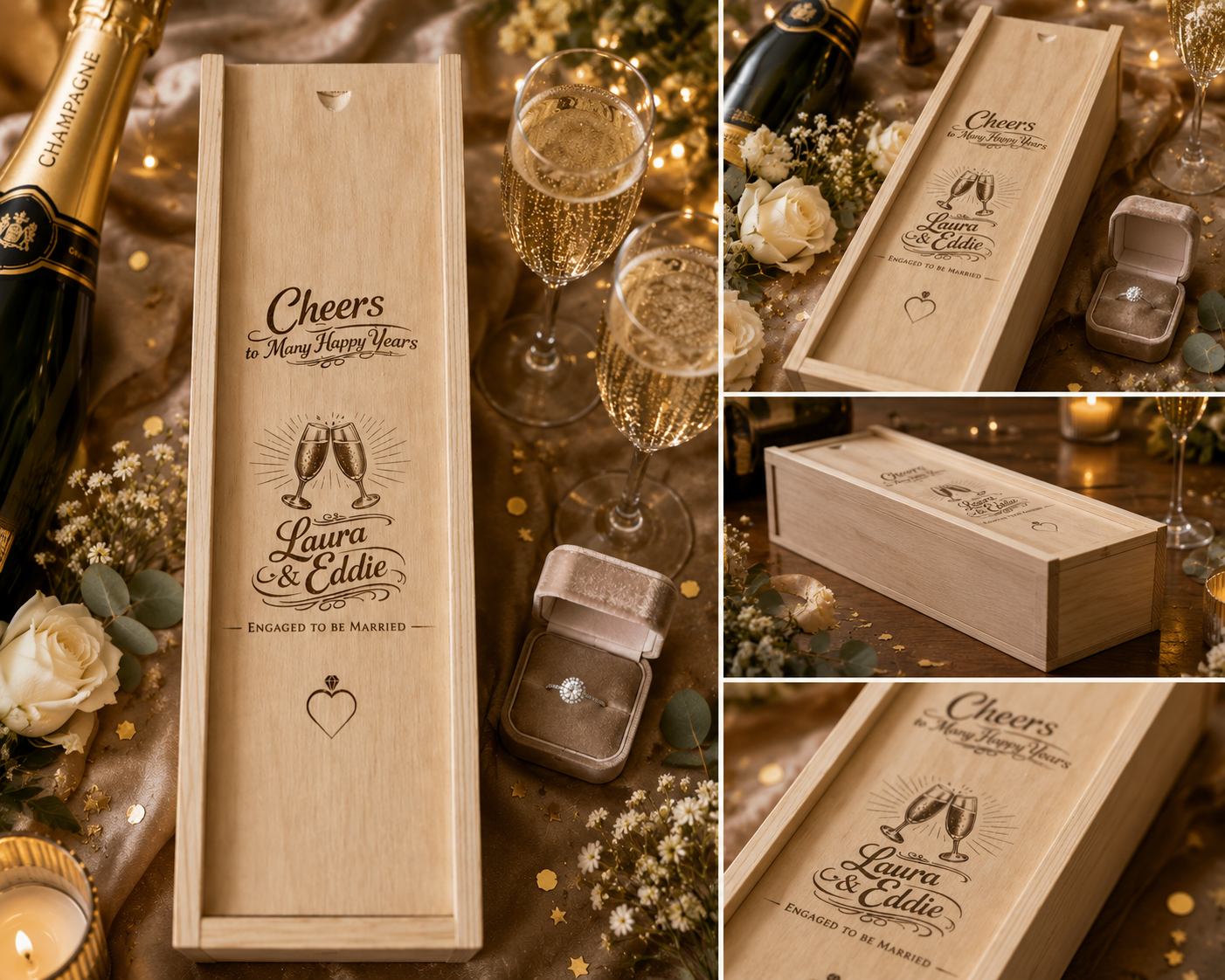 Personalised Engagement Champagne Box – Engraved Wooden Wine Gift Box for Couples