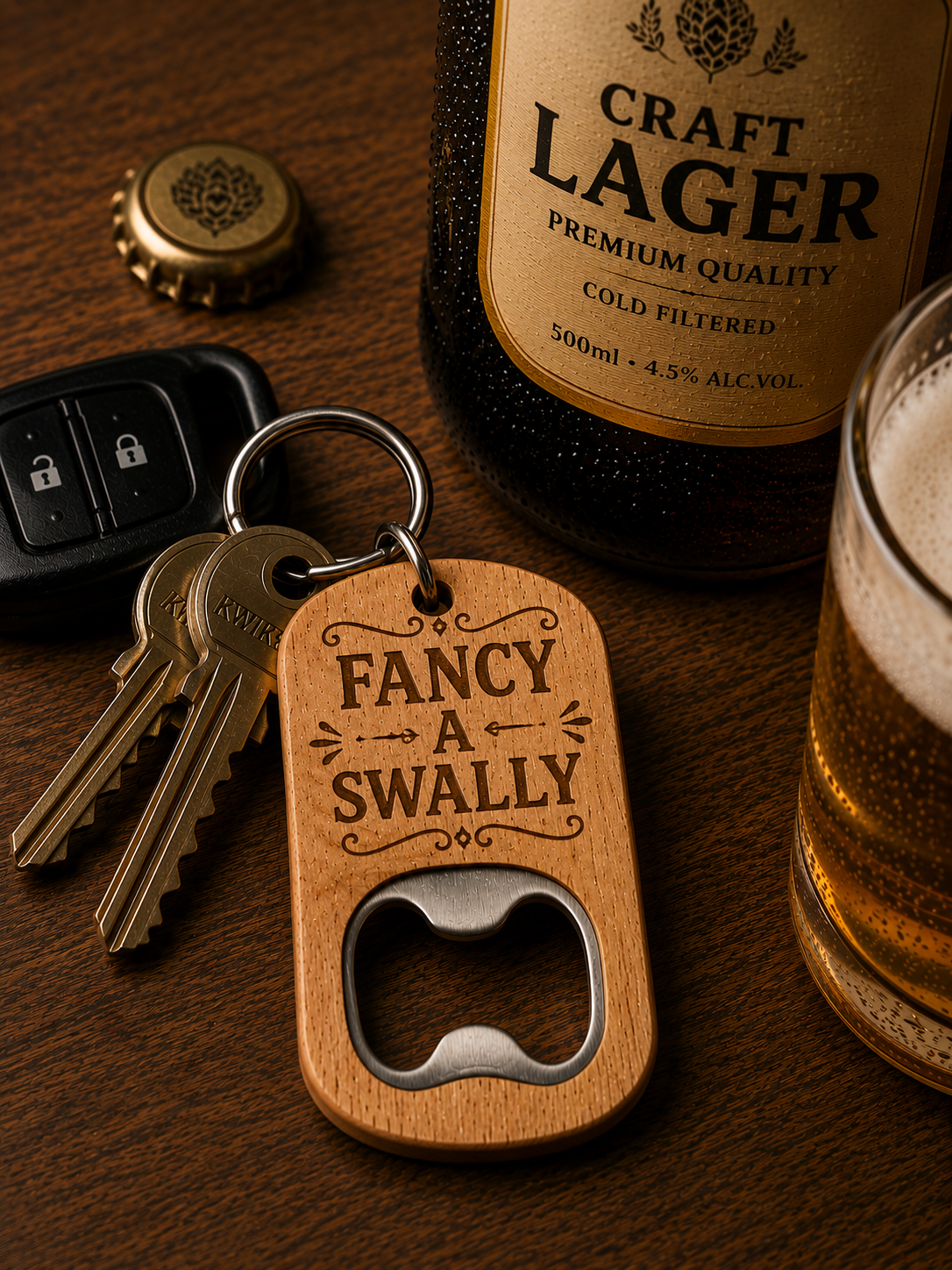 Fancy A Swally Wooden Bottle Opener Keyring