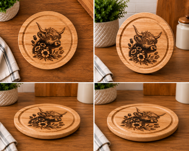 Highland Cow Engraved Wooden Serving Board – Rustic Scottish Kitchen Décor