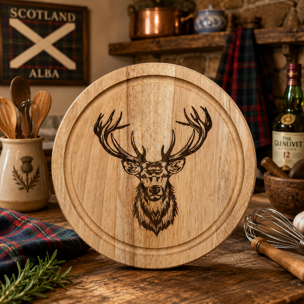 Rustic Stag Engraved Wooden Serving Board – Scottish Highland Style