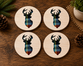 Rustic Tartan Stag Wooden Coaster Set
