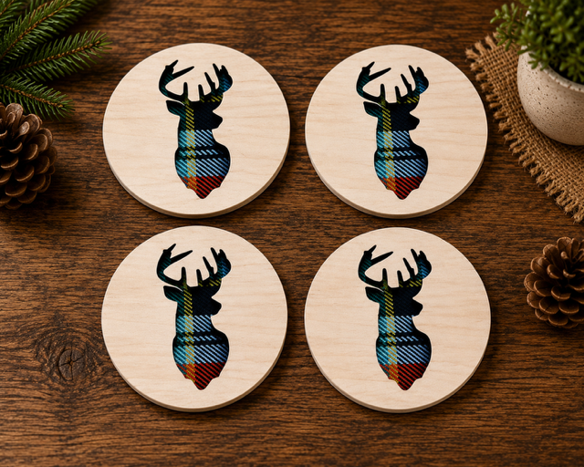 Rustic Tartan Stag Wooden Coaster Set